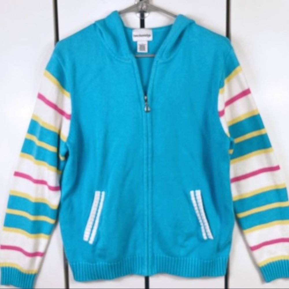 Breckenridge Blue Full Zip with multi-color Striped Sleeve Hoodie Sweater Size L